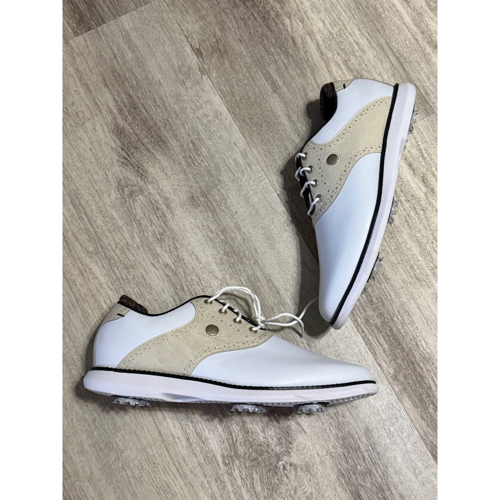 FootJoy Traditions Golf Shoes Womens 10 White Beige Leopard Spiked 97938 - Picture 2 of 6